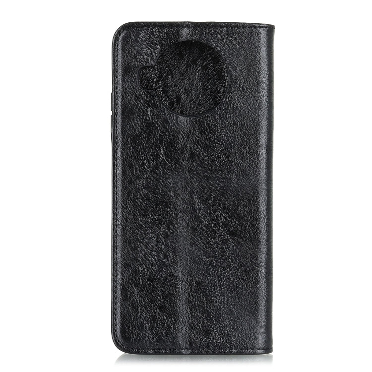 Black crazy horse leather flip phone case with round magnet closure on back