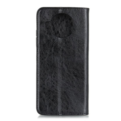 Black crazy horse leather flip phone case with round magnet closure on back