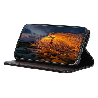 Black magnetic flip leather phone case with horizontal stand for landscape viewing