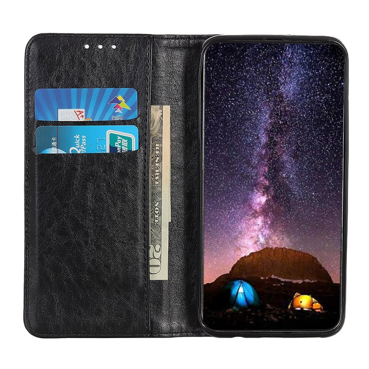 Black magnetic leather wallet phone case with card slots and flip-cover opening