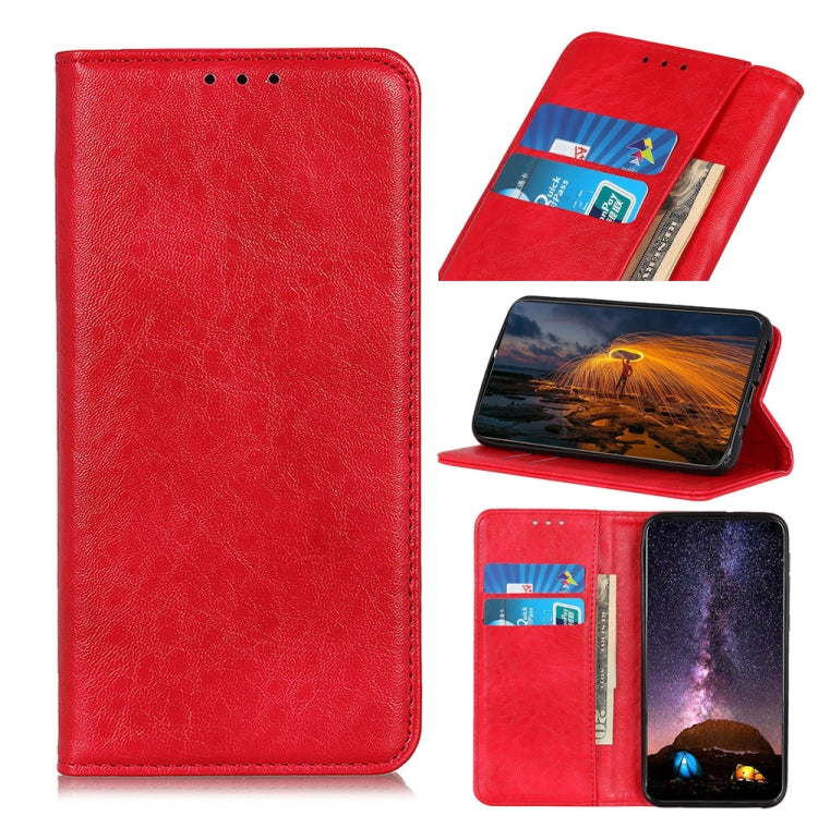 Red magnetic flip leather phone case with card slots and horizontal viewing stand