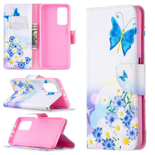 Flip leather phone wallet case with blue floral butterfly print, card slots, pink frame