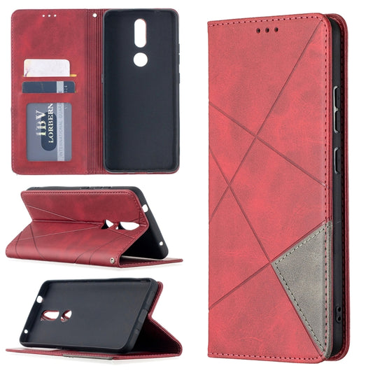 Red magnetic flip leather phone case with rhombus pattern, card slots, and kickstand