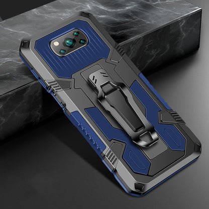 Blue shockproof PC + TPU phone case with raised edges, armored design, camera cutouts