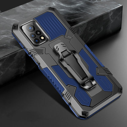 Blue armored shockproof phone case with PC + TPU, textured grips and camera cutouts