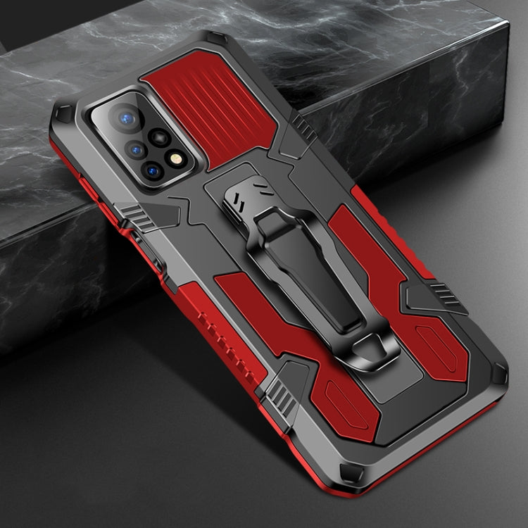 Shockproof rugged phone case in red and dark gray with side protection rails