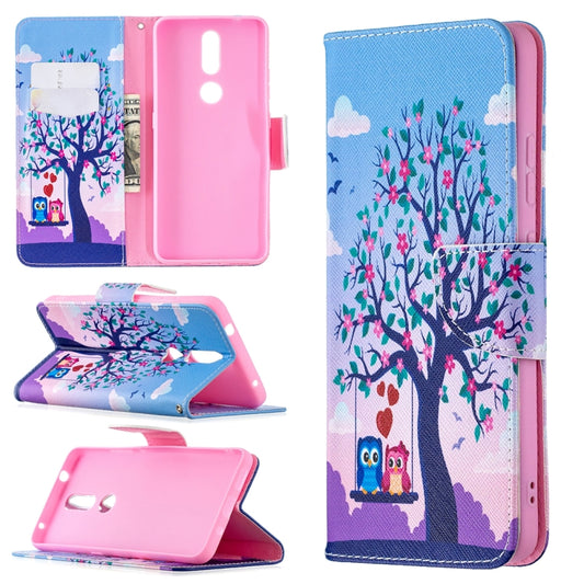 Printed flip leather wallet case with card slots; blue tree with owls, pink lining