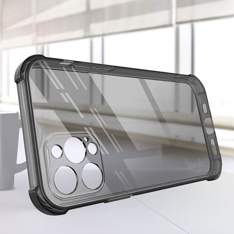 Shockproof TPU phone case, transparent with dark frame, side profile and button openings