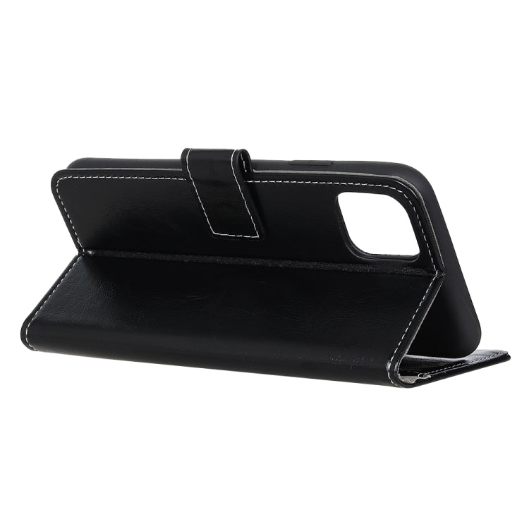 Black leather folio flip case with fold-out stand and cutout opening