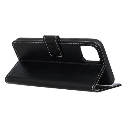 Black leather folio flip case with fold-out stand and cutout opening