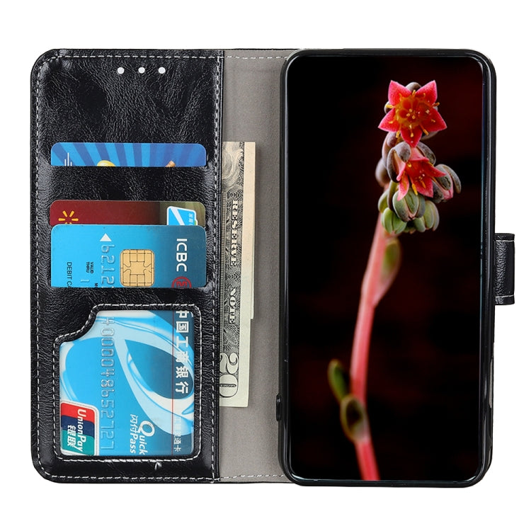 Black leather flip wallet case with card compartments and window for photo