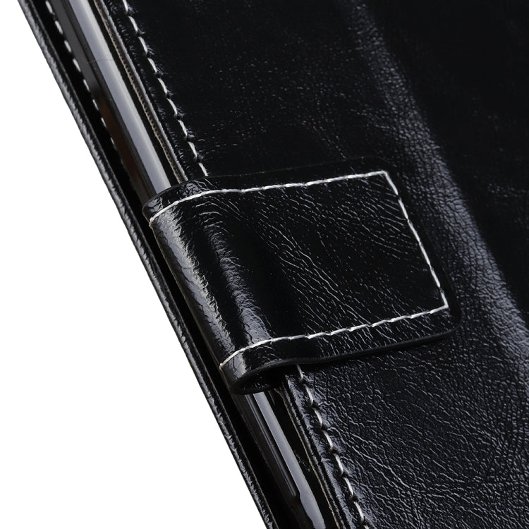 Close-up of black leather flip case with stitched tab and flap pocket
