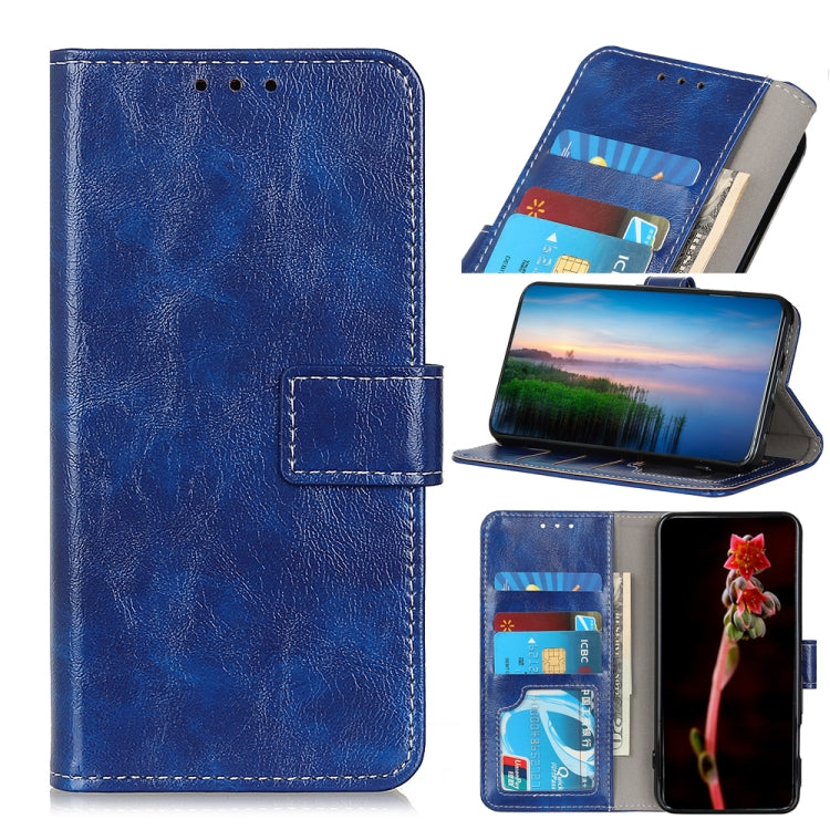 Blue crazy-horse texture leather flip phone wallet with card slots and photo holder