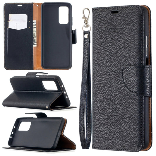 Dark PU leather flip phone wallet case with card slots and lanyard strap