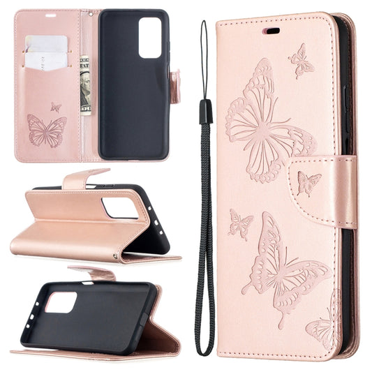 Rose gold butterfly leather phone wallet case with card slot and lanyard strap