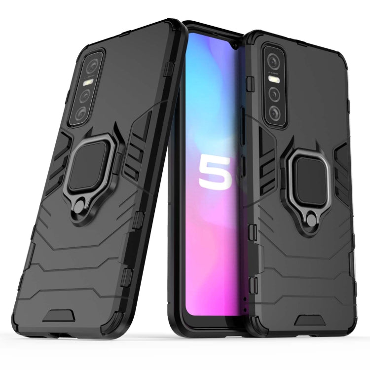 Rugged black shockproof phone case with magnetic ring holder and raised corners