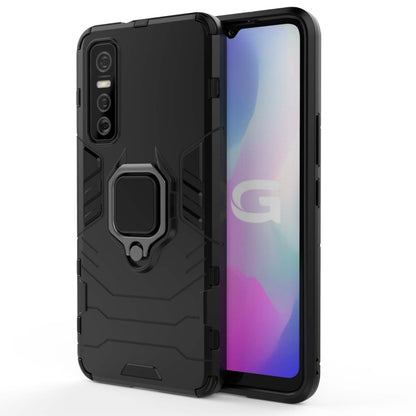 Rugged black protective phone case with magnetic ring holder, cutouts for cameras