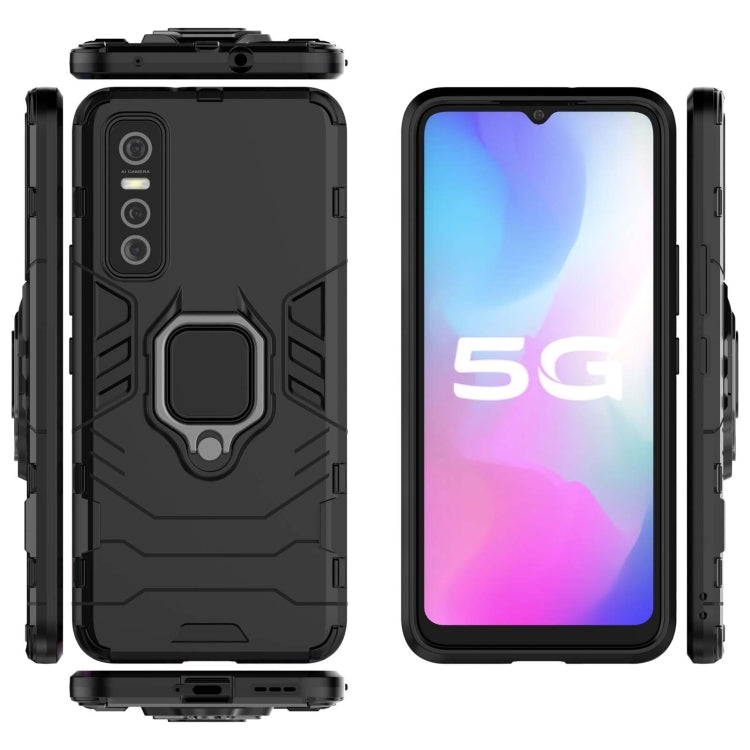 Rugged black shockproof phone case with magnetic ring holder, front and back view