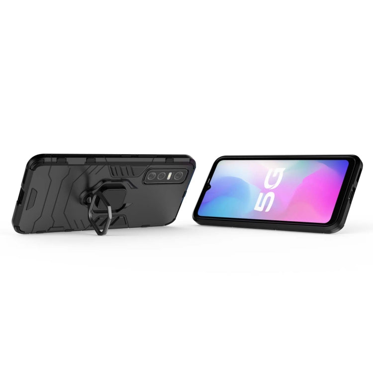 Rugged black shockproof phone case with magnetic ring holder, phone shown on side