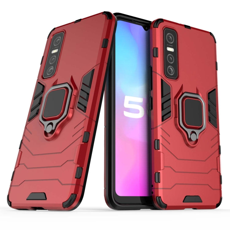 Rugged red shockproof phone case with magnetic ring holder and raised camera edges
