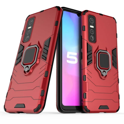 Rugged red shockproof phone case with magnetic ring holder and raised camera edges