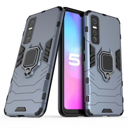 Rugged navy/gray shockproof phone case with magnetic ring holder, protective shell