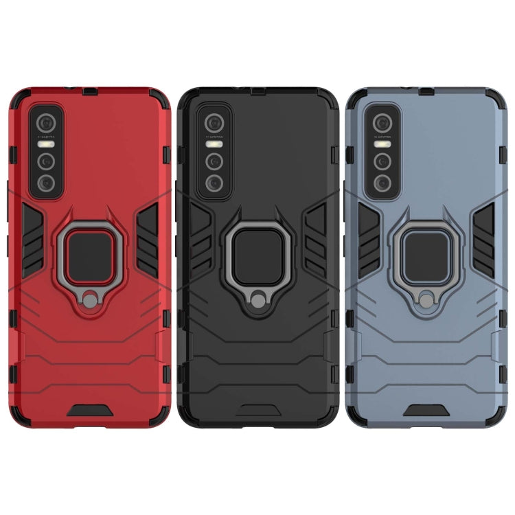 Shockproof phone case set in red, black, and blue with magnetic ring holder