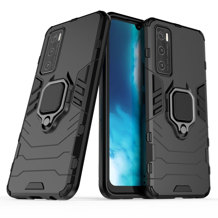 Rugged black shockproof phone case with magnetic ring holder, textured grip design