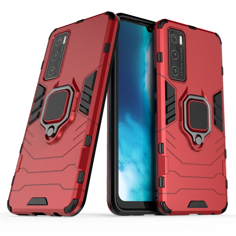 Rugged red shockproof phone case with magnetic ring holder, armored bumper styling