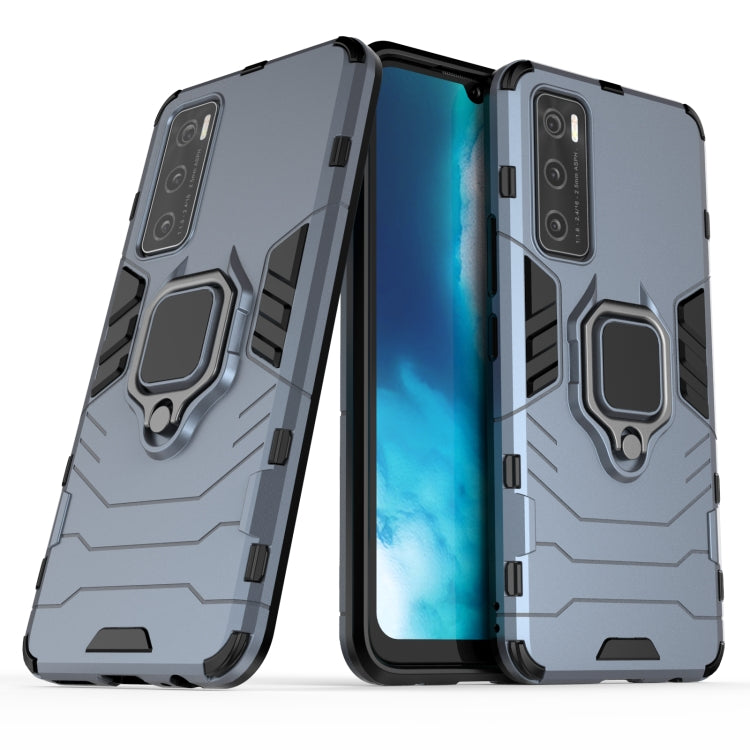 Rugged navy/gray shockproof phone case with magnetic ring holder and camera cutouts