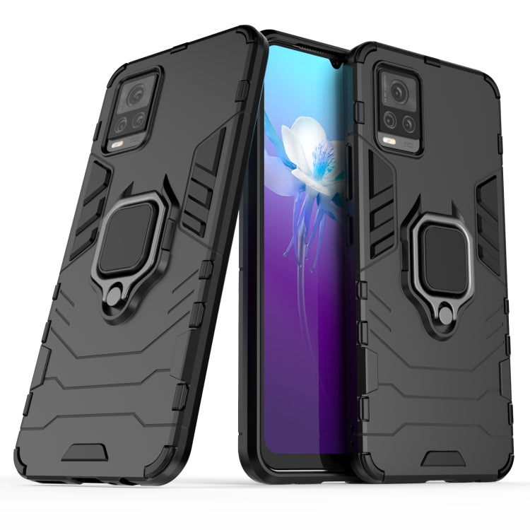 Rugged black shockproof phone case with magnetic ring holder and protective raised lips