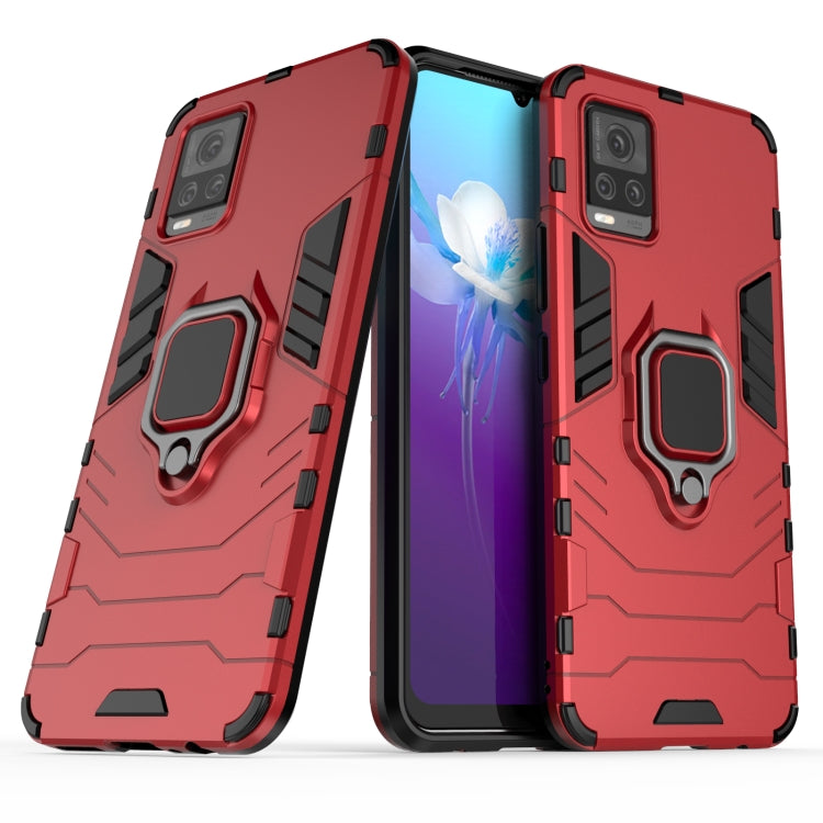 Red shockproof phone case with magnetic ring holder, raised camera and screen edges