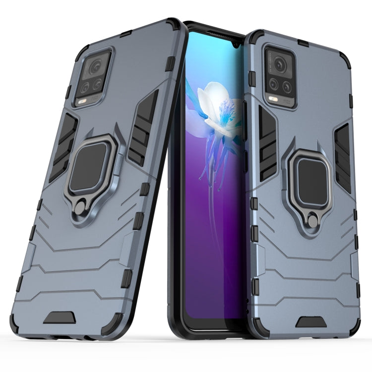 Blue shockproof phone case with magnetic ring holder, raised camera and screen edges