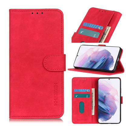 Red flip phone wallet case with card slots and fold-out stand, phone screen visible