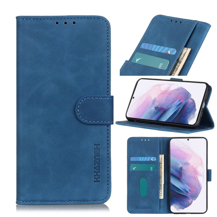 Blue flip phone wallet case with card slots and fold-out stand, phone screen visible