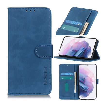 Blue flip phone wallet case with card slots and fold-out stand, phone screen visible