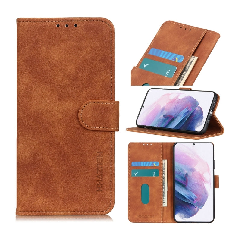 Brown flip leather phone case with card slots and stand holder, front and angled views