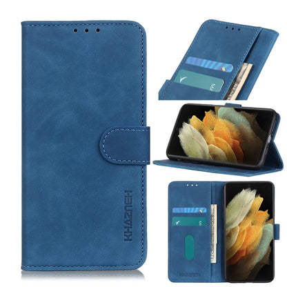 Blue flip phone wallet case with card slots and holder, phone shows yellow flower wallpaper