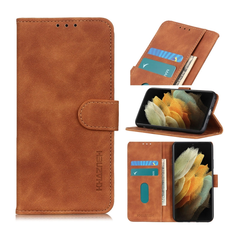 Brown flip leather phone case with card slots; stand view showing wallet window
