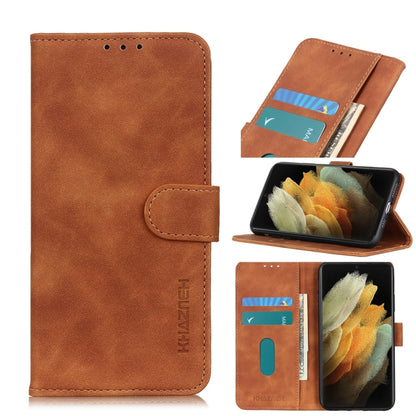 Brown flip leather phone case with card slots; stand view showing wallet window