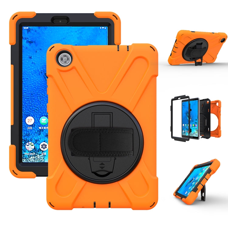 Orange shockproof protective case for Lenovo Tab M8 with kickstand and hand grip strap