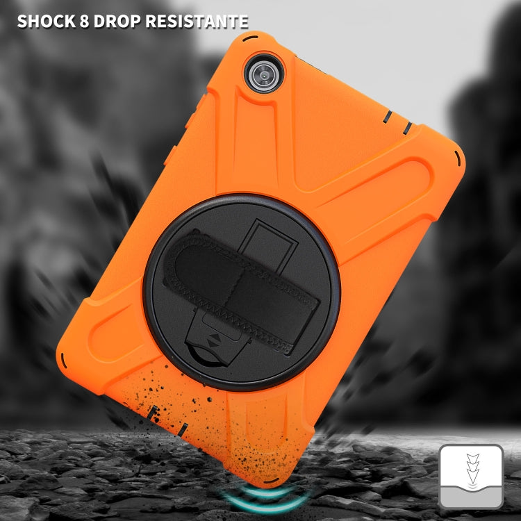 Orange shockproof tablet protective case with circular kickstand and built-in hand strap