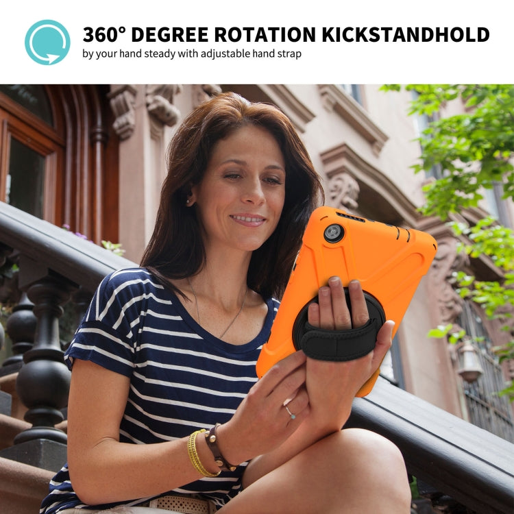 Orange shockproof tablet protective case with circular kickstand and hand grip strap