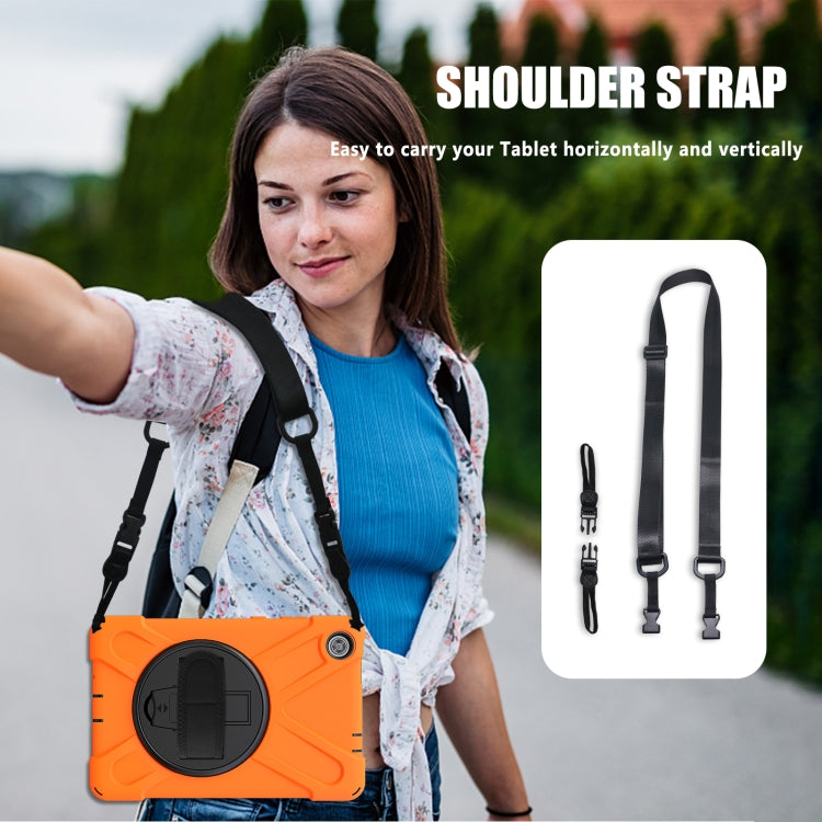 Orange tablet protective case with circular kickstand and included shoulder strap