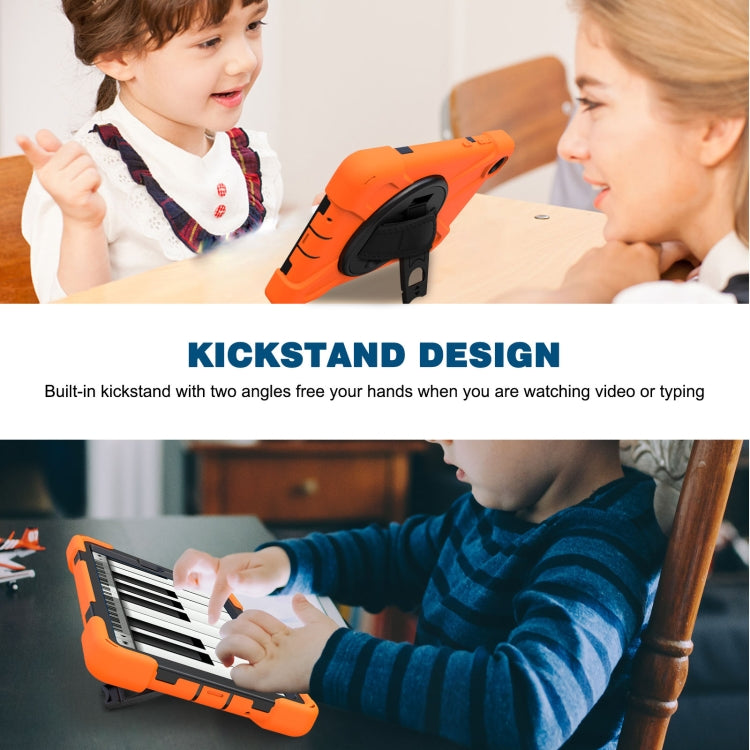 Orange shockproof tablet case with built-in kickstand for hands-free viewing and typing