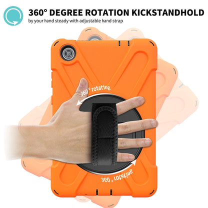 Orange Lenovo Tab M8 protective case with 360-degree rotating kickstand hand strap