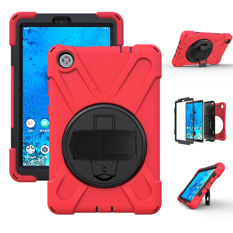 Red shockproof tablet protective case with circular kickstand and hand grip