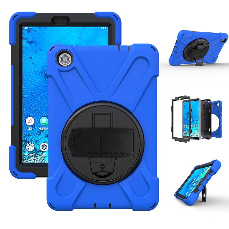 Blue shockproof tablet protective case with circular kickstand and hand grip