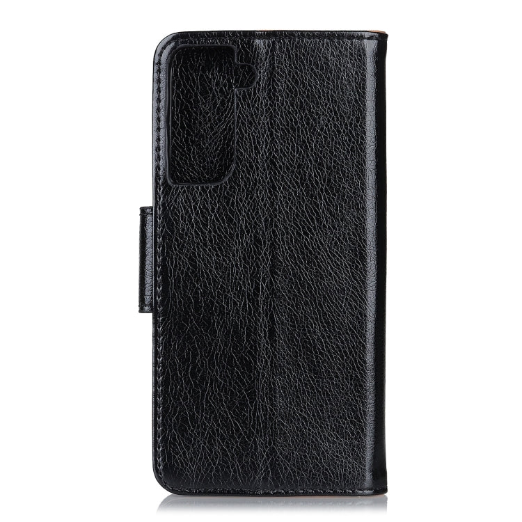 Black nappa texture leather flip phone case with side strap and protective back cover
