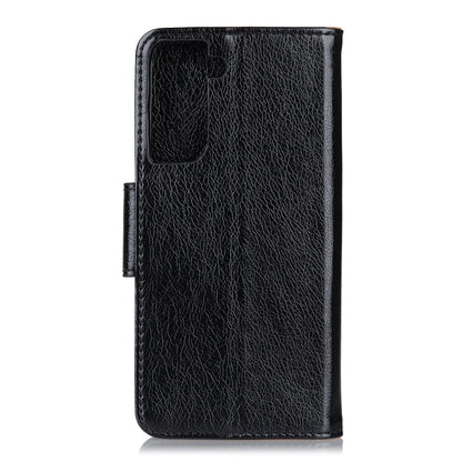Black nappa texture leather flip phone case with side strap and protective back cover
